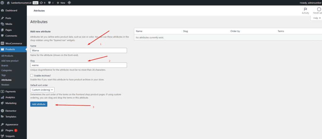 atribut produk woocommerce WordPress